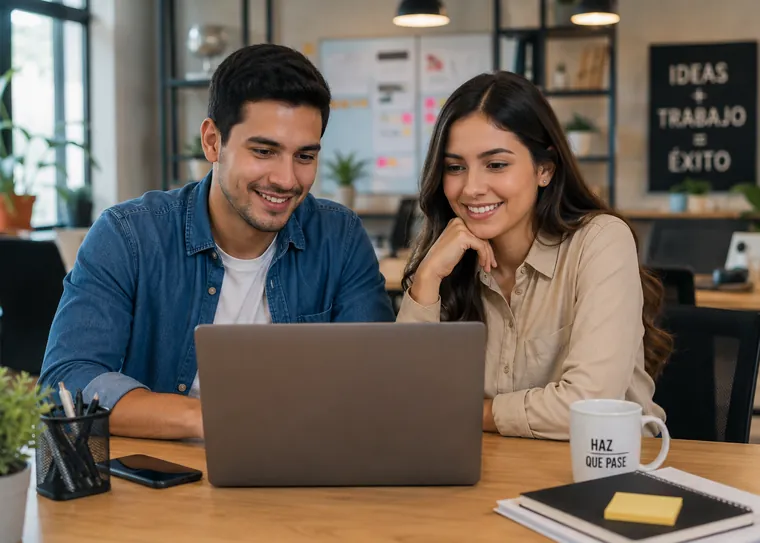 Dos emprendedores chilenos sonriendo mientras miran juntos la pantalla de una laptop en su oficina