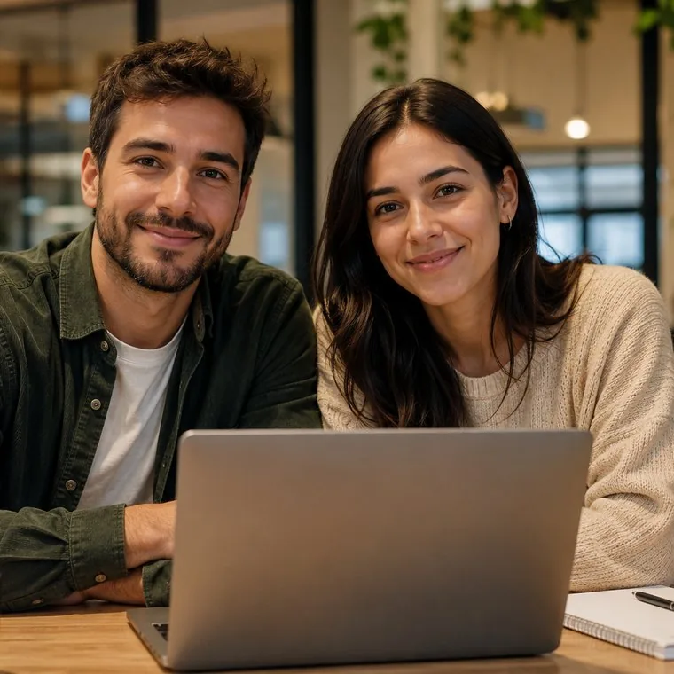 Dos emprendedores sonriendo frente a su notebook mientras trabajan en su proyecto online
