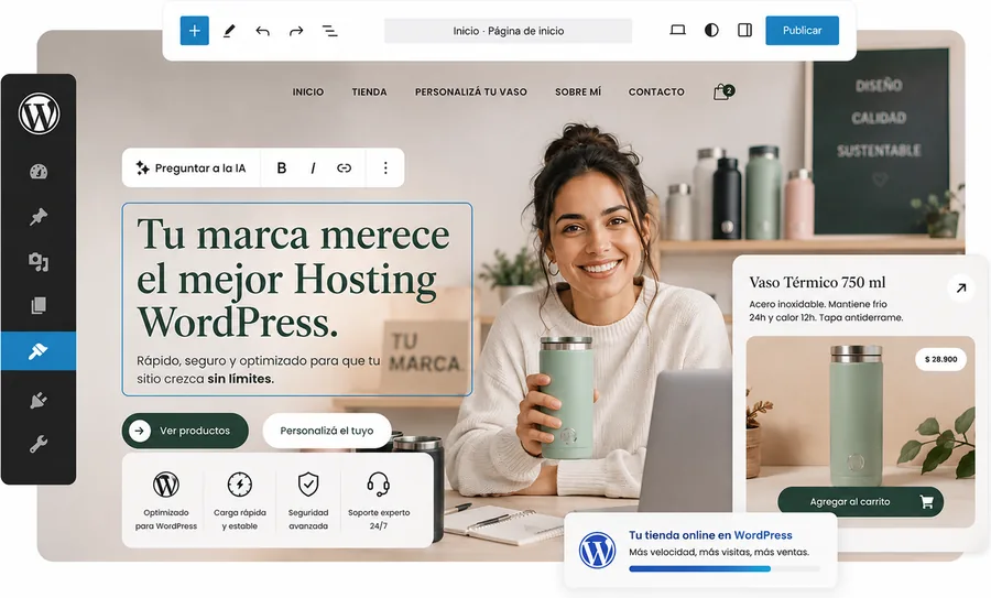 Editor de WordPress mostrando la tienda online de una marca de vasos térmicos, alojada en WebHostChile