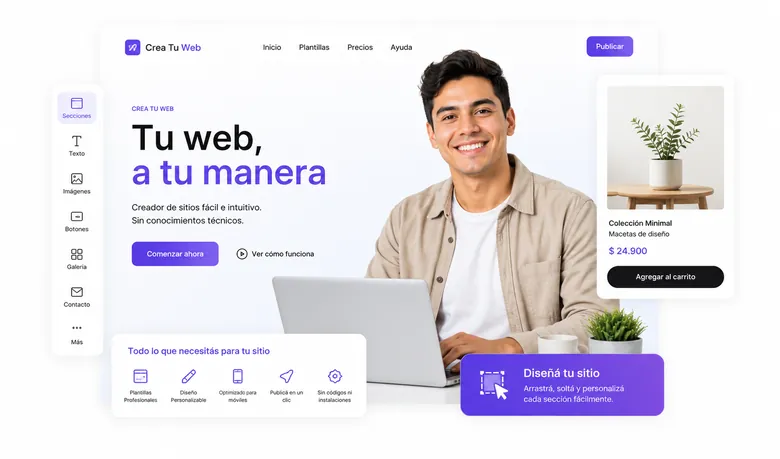 Editor visual de Crea Tu Web mostrando cómo se arma un sitio con secciones, texto e imágenes