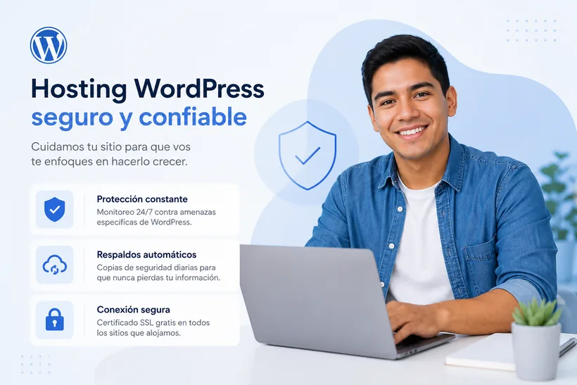 Emprendedor trabajando tranquilo en su laptop con su sitio WordPress seguro, protegido con SSL y respaldos automáticos