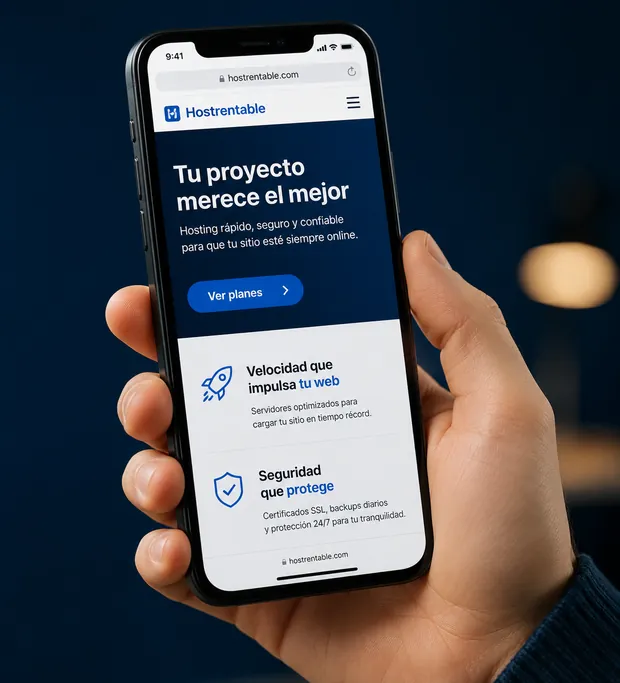 Mano sosteniendo un teléfono que muestra el sitio web de WebHostChile, rápido y seguro