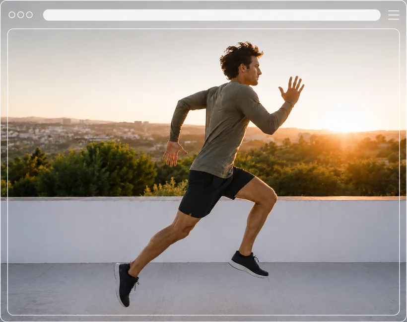 Ventana de navegador mostrando el sitio de un atleta corriendo al atardecer, con una web rápida